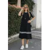 Kadın Kısa Kollu Bisiklet Yaka şerit Detaylı Midi Viskon Elbise
