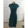 Kadın Kısa Kollu Hakim Yakalı Yırtmaçlı Midi Ithal Krep Elbise
