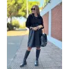 Kadın Uzun Kollu Kapüşon Ve Deri Detay Diz üstü Elbise