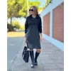 Kadın Uzun Kollu Kapüşon Ve Deri Detay Diz üstü Elbise