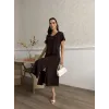 Kadın V Yaka Yırtmaç Detaylı Midi Boy Elbise