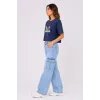 Kedi Baskılı Oversize Crop Tişört Salaş Basic Yarım Kol T-shirt - Lacivert