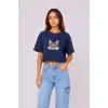 Kedi Baskılı Oversize Crop Tişört Salaş Basic Yarım Kol T-shirt - Lacivert