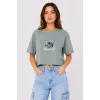 Kedi Baskılı Oversize Crop Tişört Salaş Basic Yarım Kol T-shirt - Mint Yeşili