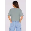 Kedi Baskılı Oversize Crop Tişört Salaş Basic Yarım Kol T-shirt - Mint Yeşili