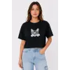 Kedi Baskılı Oversize Crop Tişört Salaş Basic Yarım Kol T-shirt - Siyah