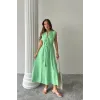 KETEN ELBİSE KOLSUZ BEL BAĞLAMALI MAXİ ELBİSE - Yeşil