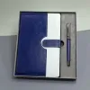 Mavi Beyaz Deri Kapaklı Defter Ve Metal Kalem Set
