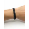 Siyah - Beyaz  Deri / Çelik  Erkek Deri Bileklik 20 Cm  - Ebl0066