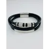 Siyah Deri / Çelik  Erkek Deri Bileklik 20 Cm  - Ebl0090