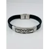 Siyah Deri / Çelik  Erkek Deri Bileklik 20 Cm  - Ebl0093