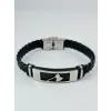 Siyah Deri / Çelik  Erkek Deri Bileklik 20 Cm  - Ebl0115