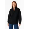 Üç İplik Dık Yaka Yarım Fermuarlı SweatShirt - Siyah