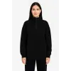 Üç İplik Dık Yaka Yarım Fermuarlı SweatShirt - Siyah