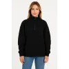 Üç İplik Dık Yaka Yarım Fermuarlı SweatShirt - Siyah
