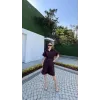 Yakalı Gömlek Kemerli Şortlu Takım - Bordo