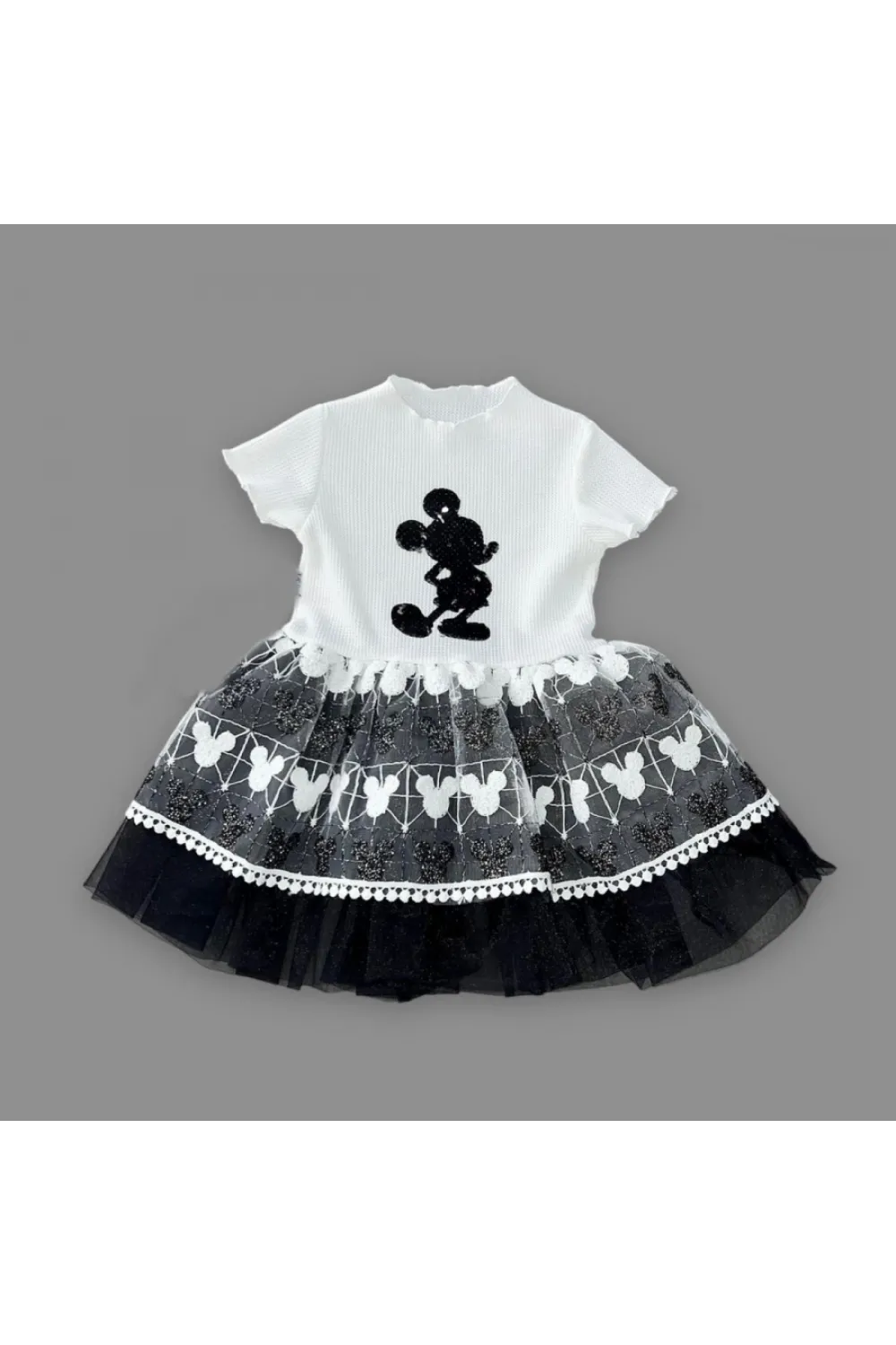 1-2-3 Yaş Payetli Mickey Baskılı Brode Etekli Kız Bebek Elbisesi