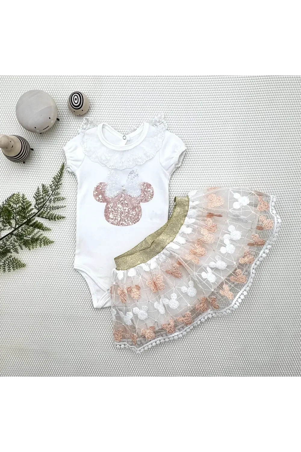 1-2-3 Yaş Payetli Mickey Nakışlı  Kısa Kollu Brode Etekli 2li Kız Bebek Takımı