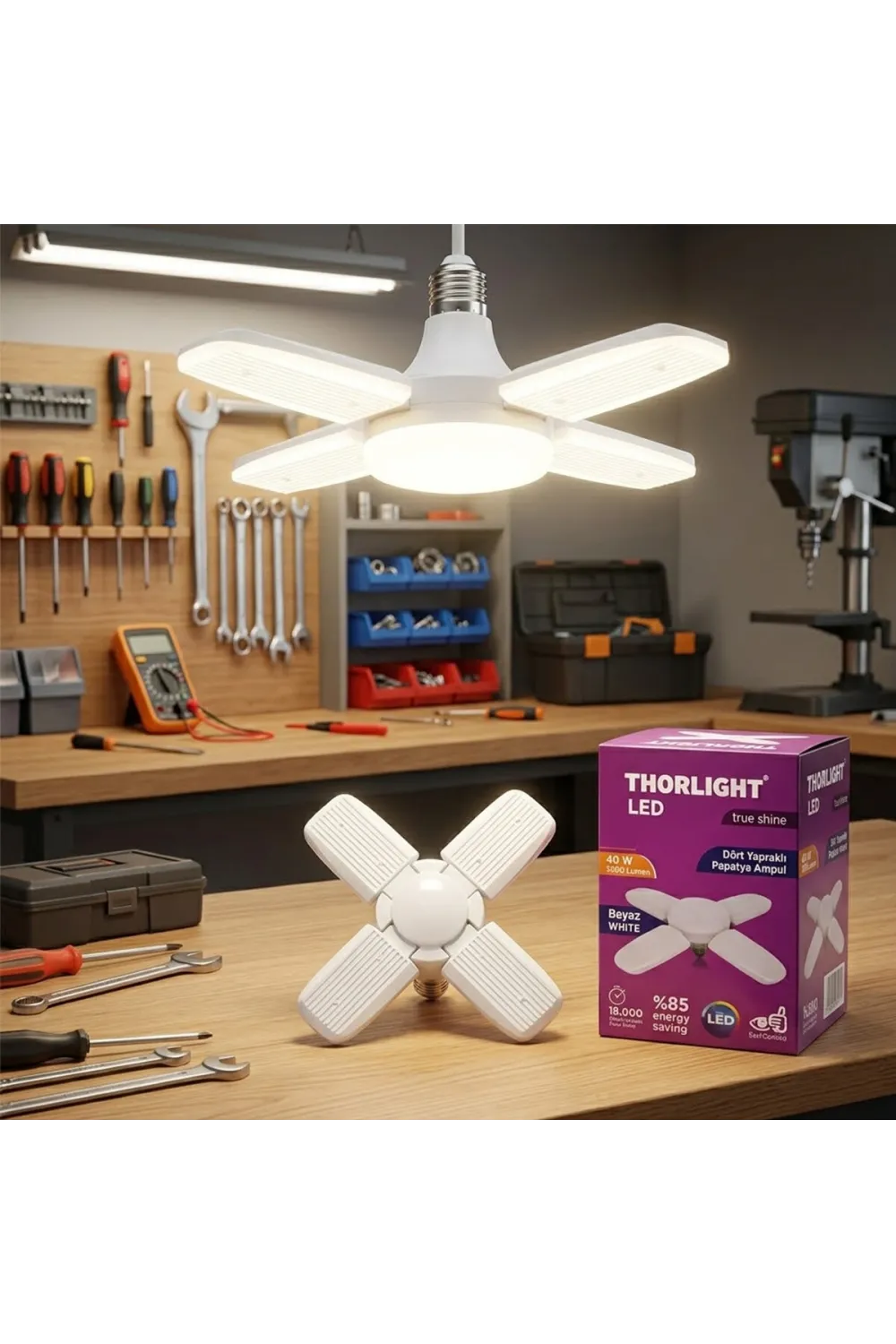 1+4 Kollu - Yapraklı Pervane Modeli Papatya Beyaz Led Lamba Ampul 40w - E27 P-6040b