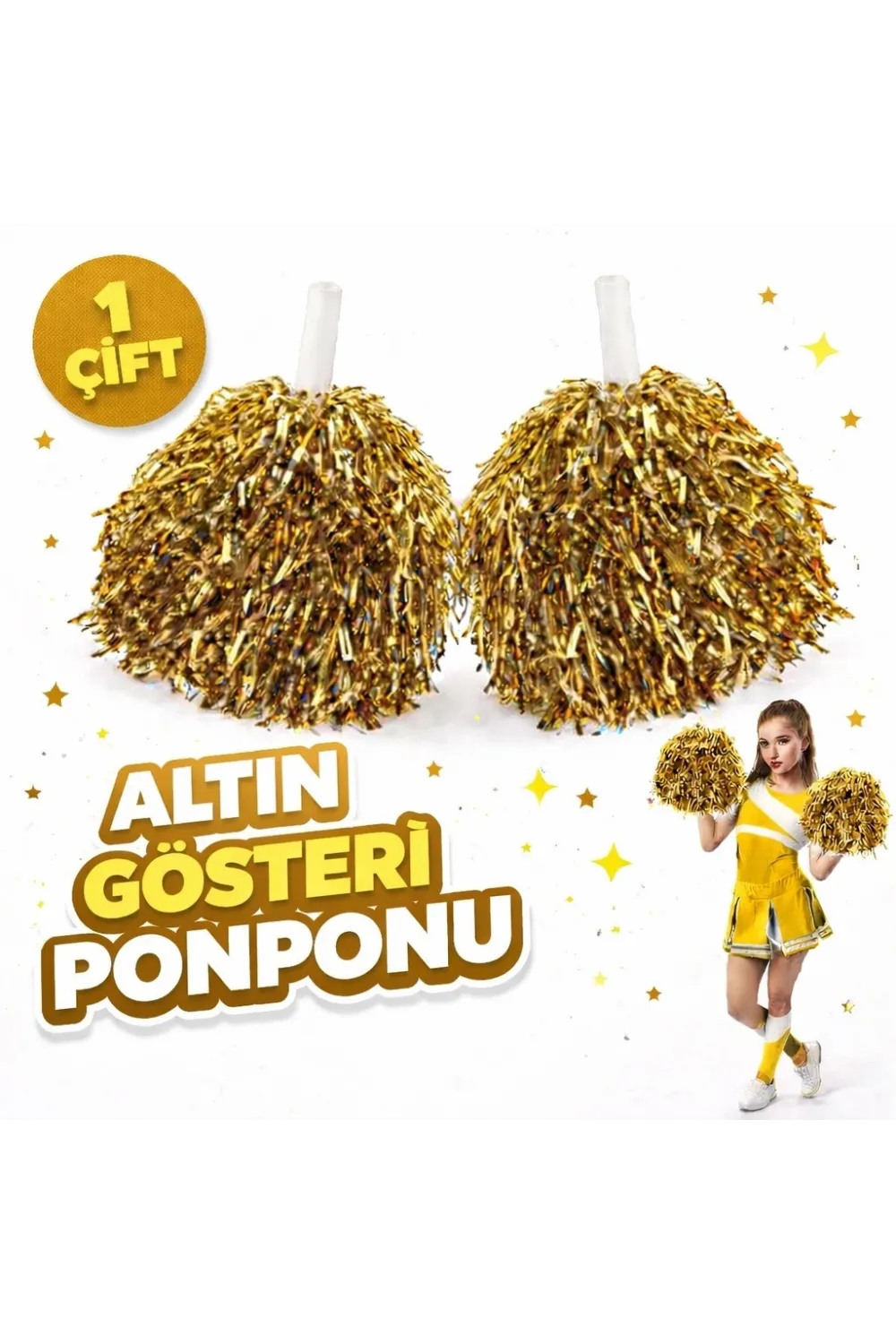 1 Çift ( 2 Adet ) Altın Renk 23 Nisan 19 Mayıs 29 Ekim Okul Gösteri Ponponları