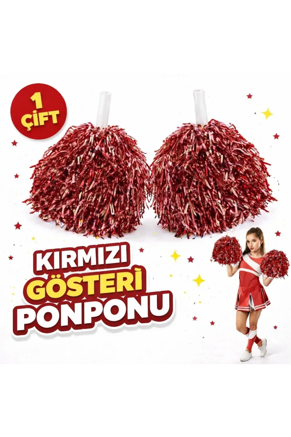 1 Çift ( 2 Adet ) Kırmızı Renk 23 Nisan 19 Mayıs 29 Ekim Okul Gösteri Ponponları