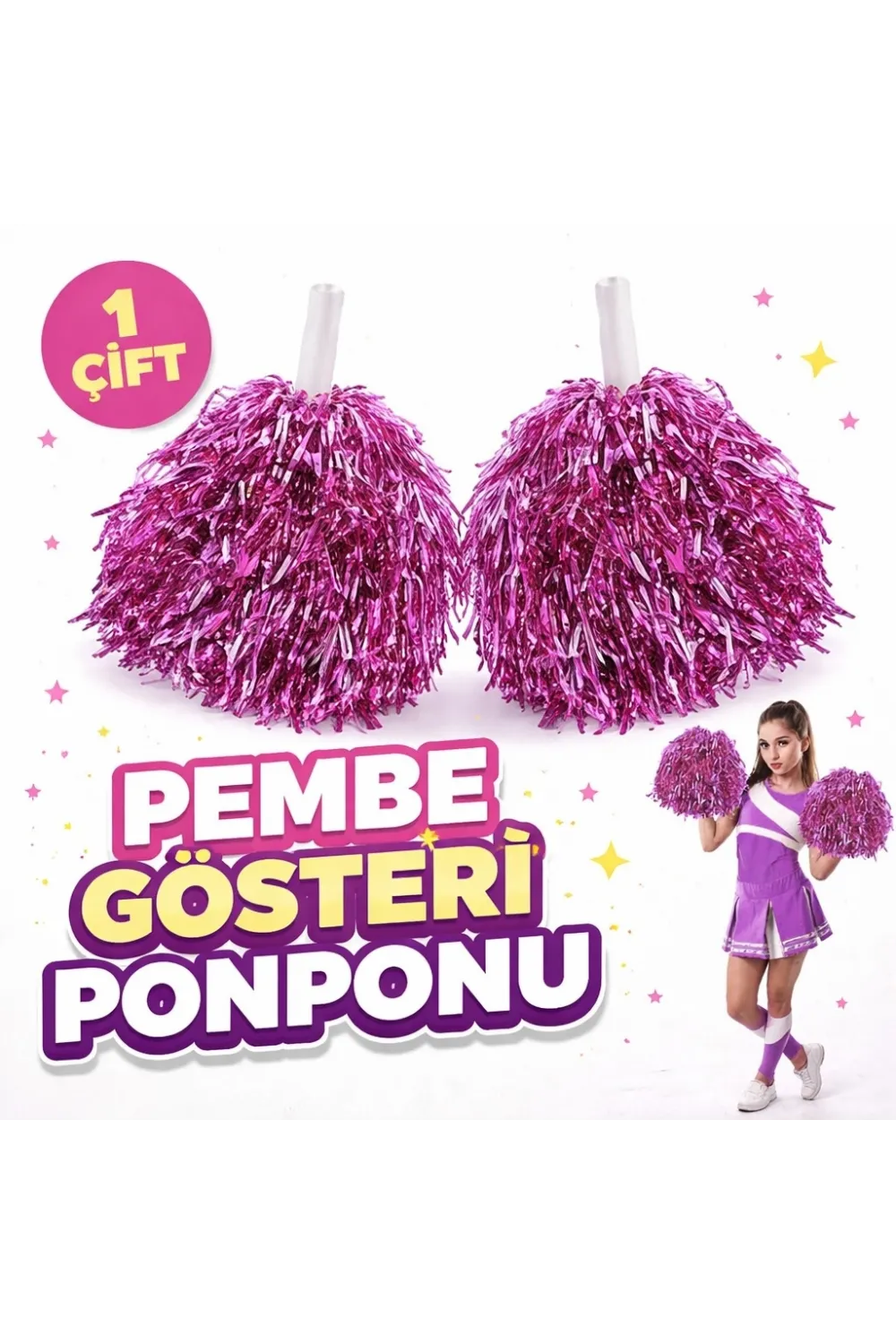 1 Çift ( 2 Adet ) Pembe Renk 23 Nisan 19 Mayıs 29 Ekim Okul Gösteri Ponponları