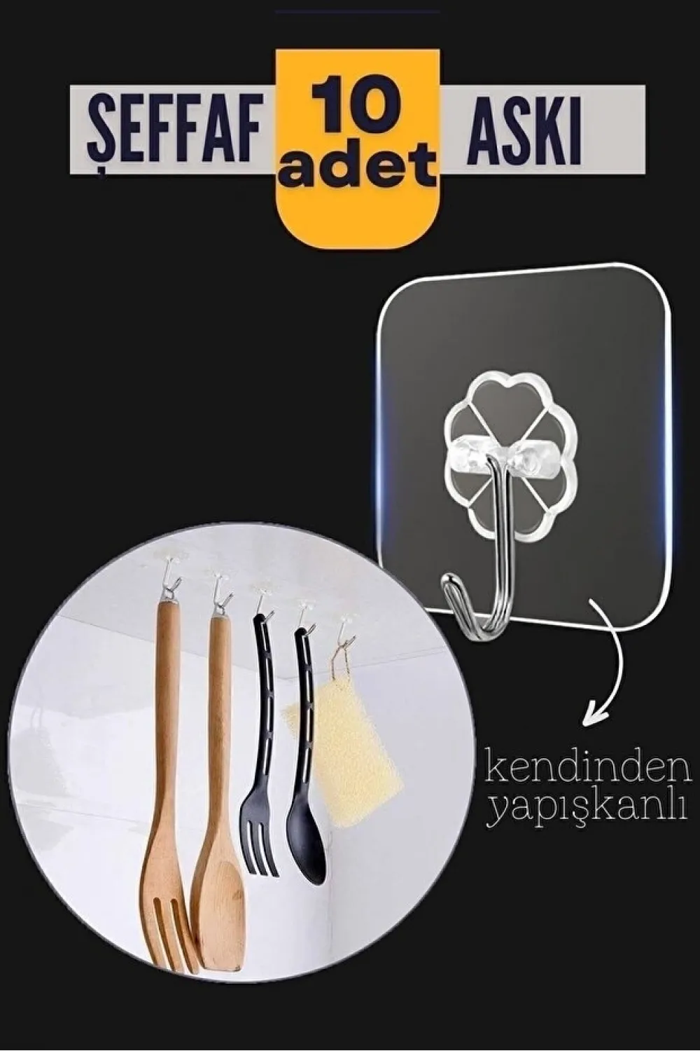 10'lu Şeffaf Kendinden Yapışkanlı Güçlü Askı Kancası, Banyo Mutfak Organizer, İz Bırakmaz Pratik Askı
