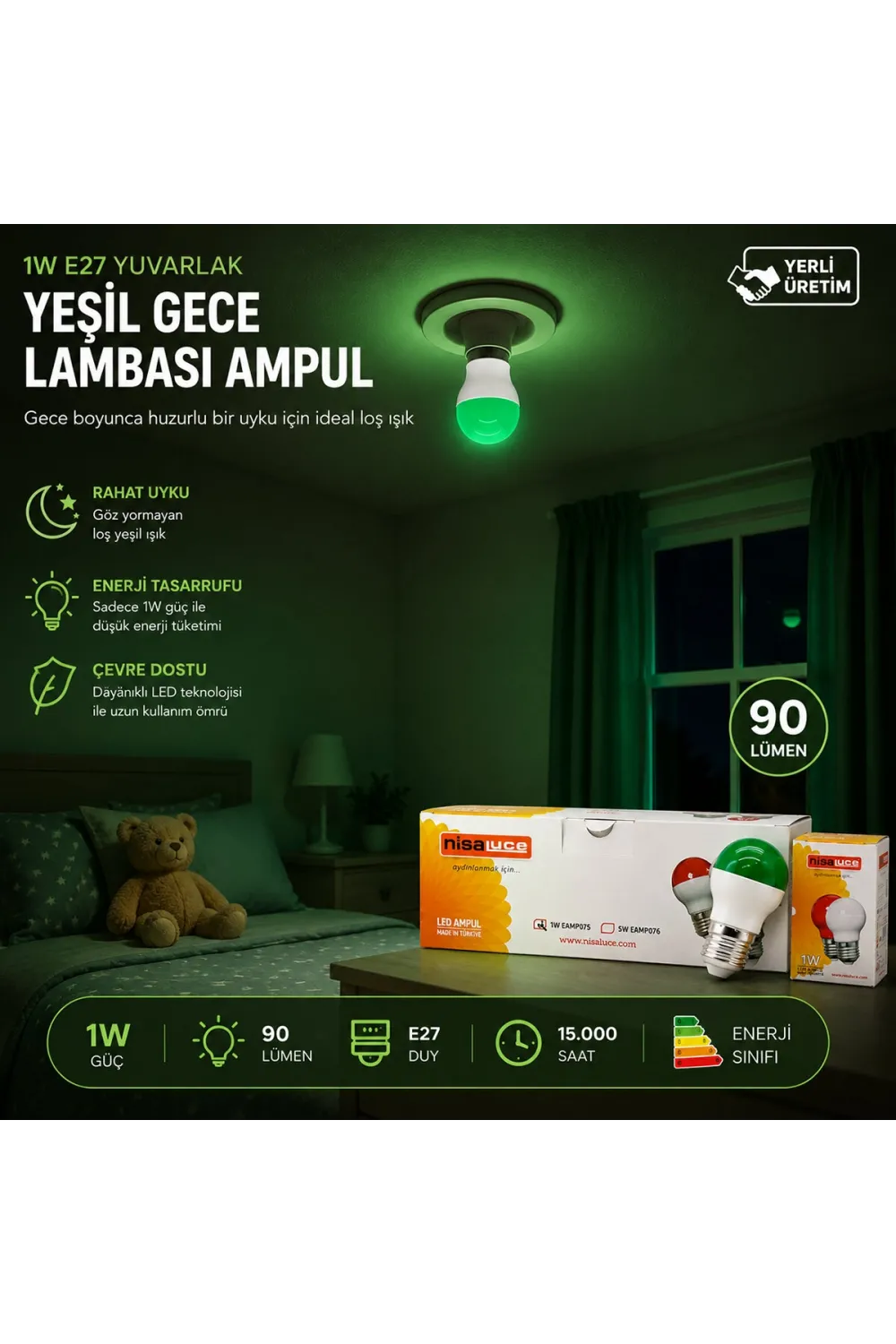 10 Adet 1w E27 Yeşil Yuvarlak Gece Lambası Led Ampul Eamp-075
