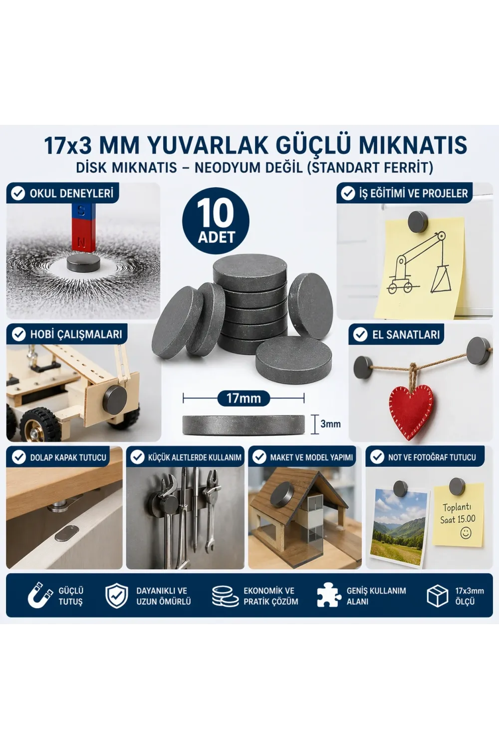 10 Adet Mıknatıs 17x3 Mm Yuvarlak Güçlü Mıknatıs Disk Mıknatıs