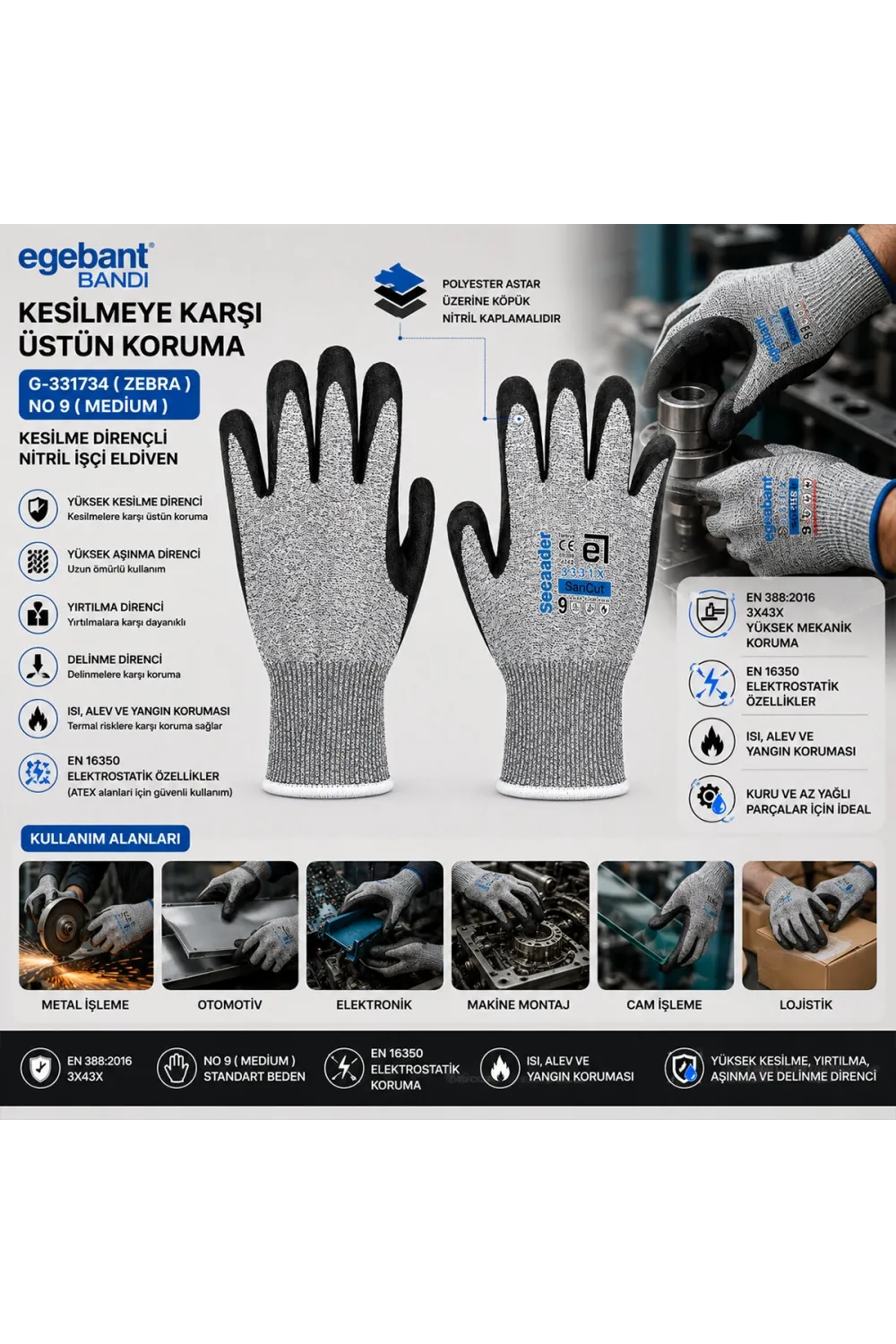 10 Adet Zebra No 9 Medium Kesilme Dirençli Nitril İşçi Eldiven Bandı