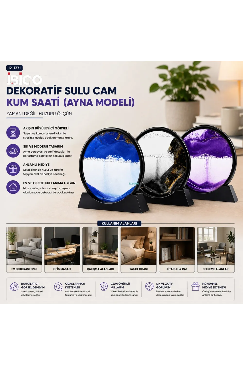 10 Inc - 25cm Renkli Sulu Cam Kum Saati Hareketli Ayna Modeli