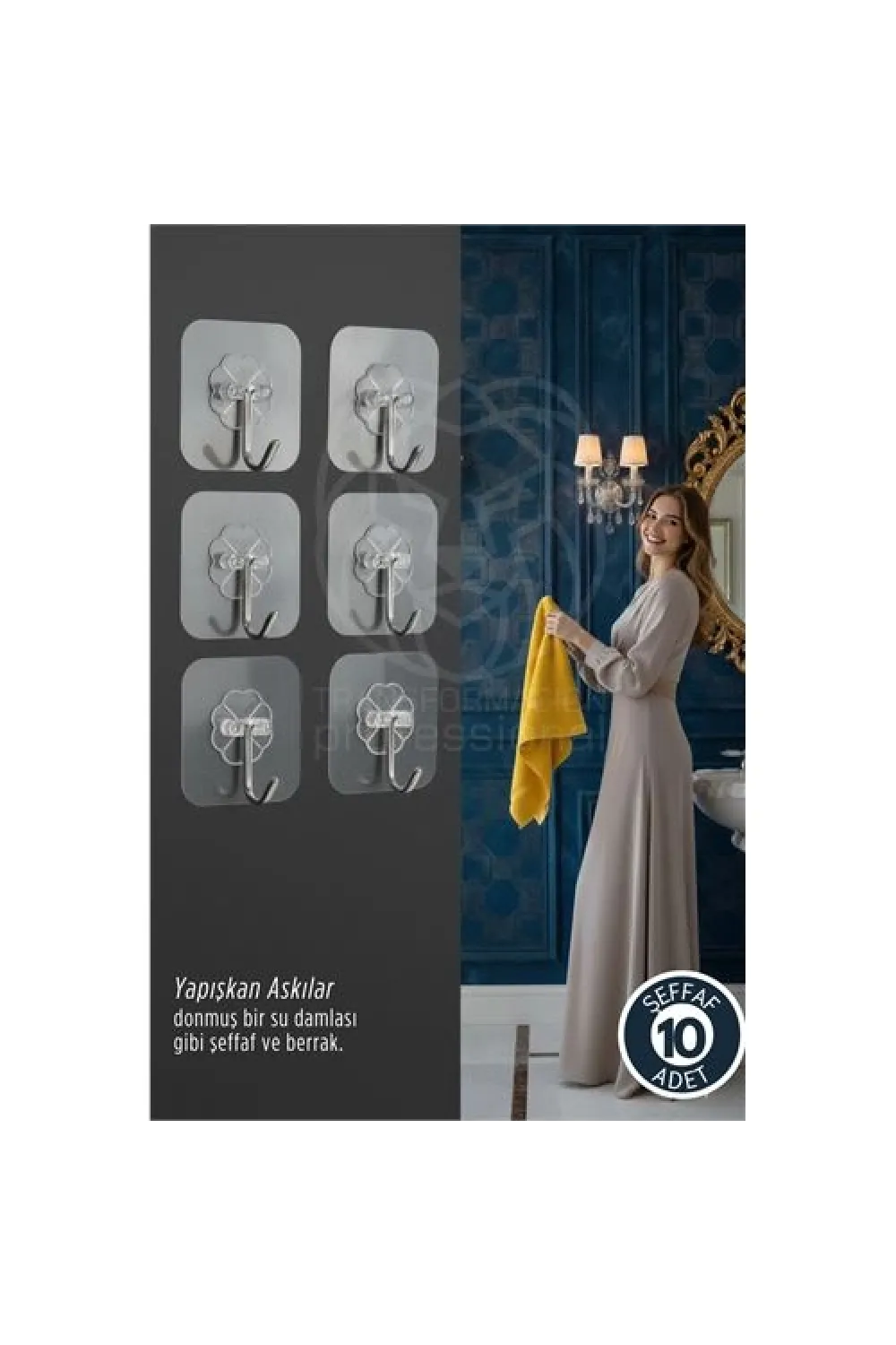 10lu Şeffaf Yapışkanlı Askı, Mutfak Banyo Duvar Askısı, Çivisiz Pratik Kanca Seti