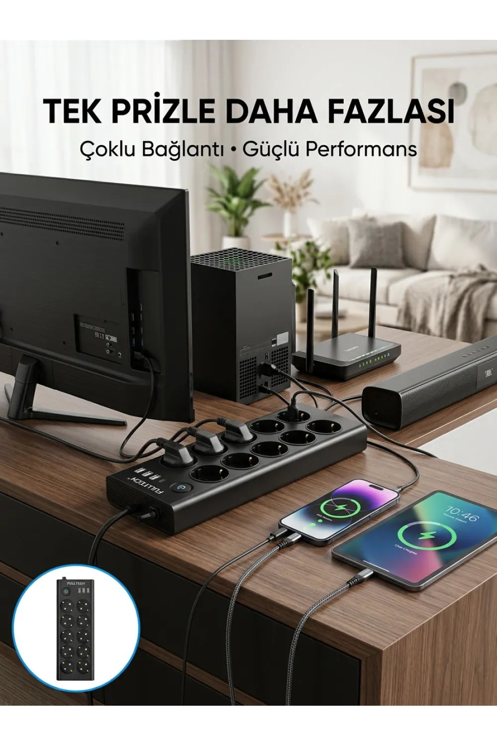 10 Prizli Usb Destekli Çoklu Priz Type-c Şarj Girişli Güvenli Güç Ünitesi