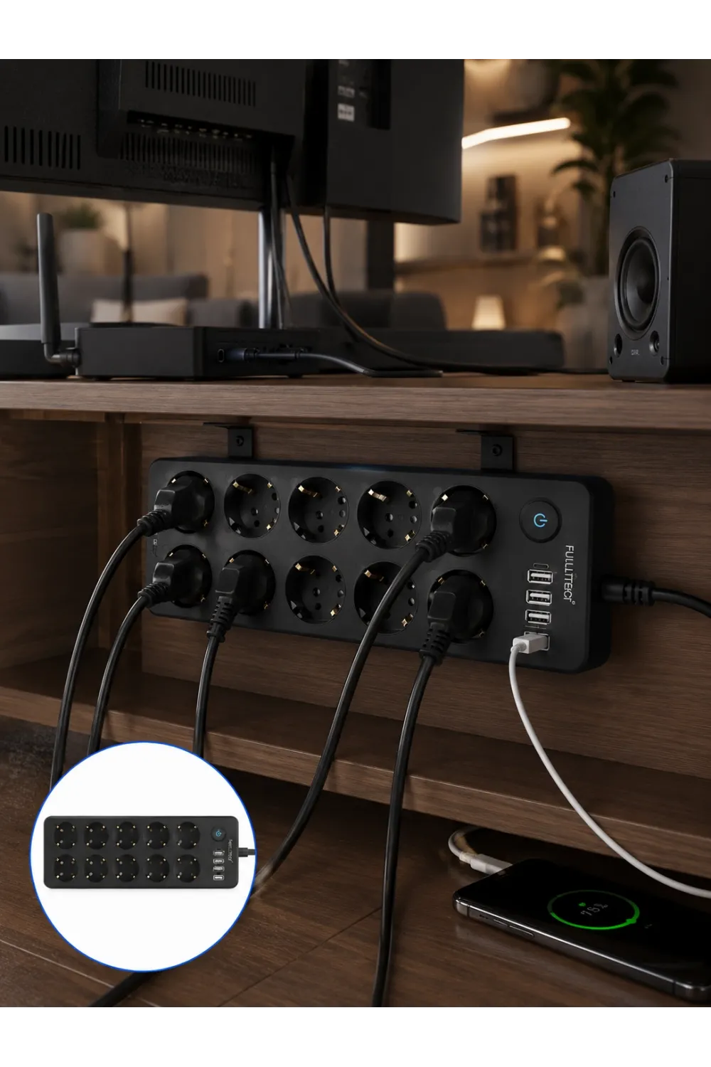 10 Prizli Usb Destekli Çoklu Priz Type-c Şarj Girişli Güvenli Güç Ünitesi