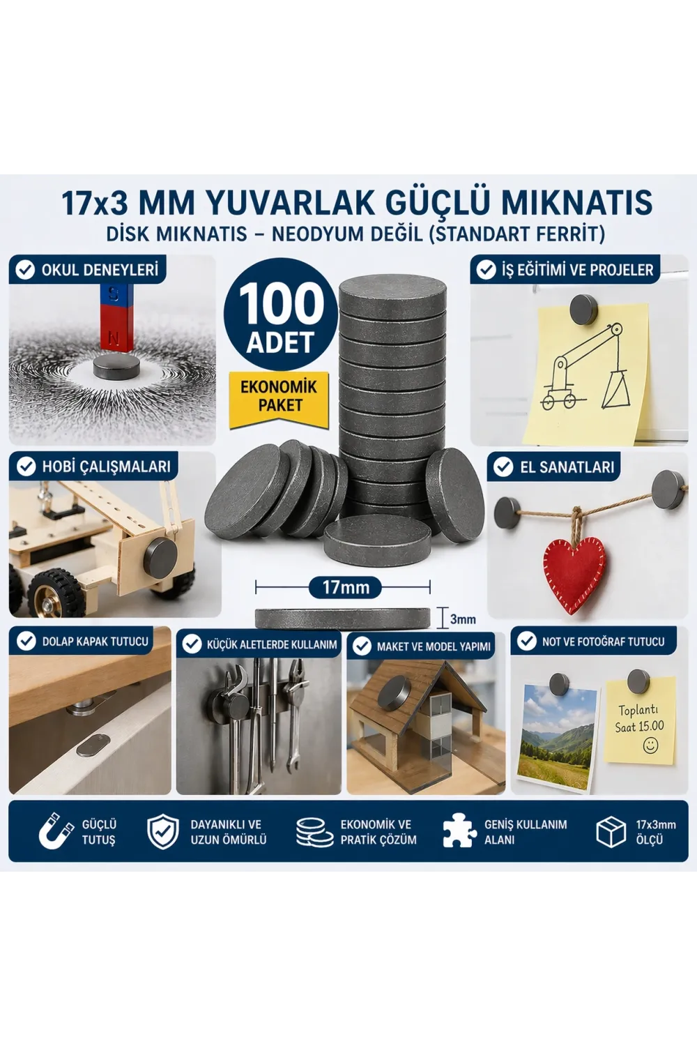100 Adet Mıknatıs 17x3 Mm Yuvarlak Güçlü Mıknatıs Disk Mıknatıs