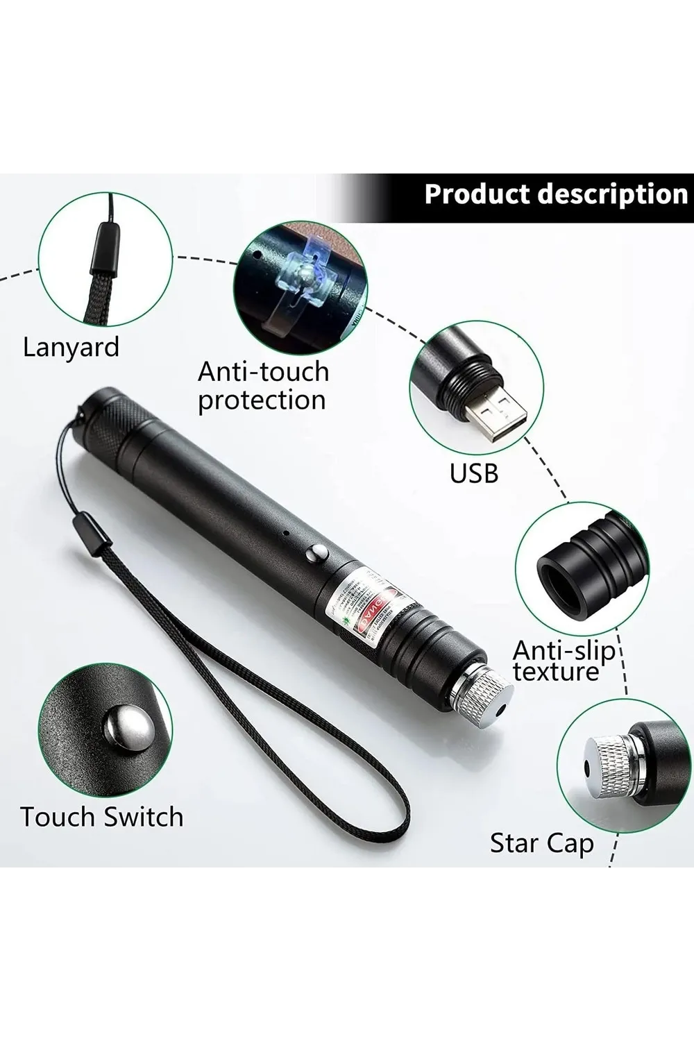 100MW Desen Başlıklı USB Şarjlı Yeşil Lazer Pointer