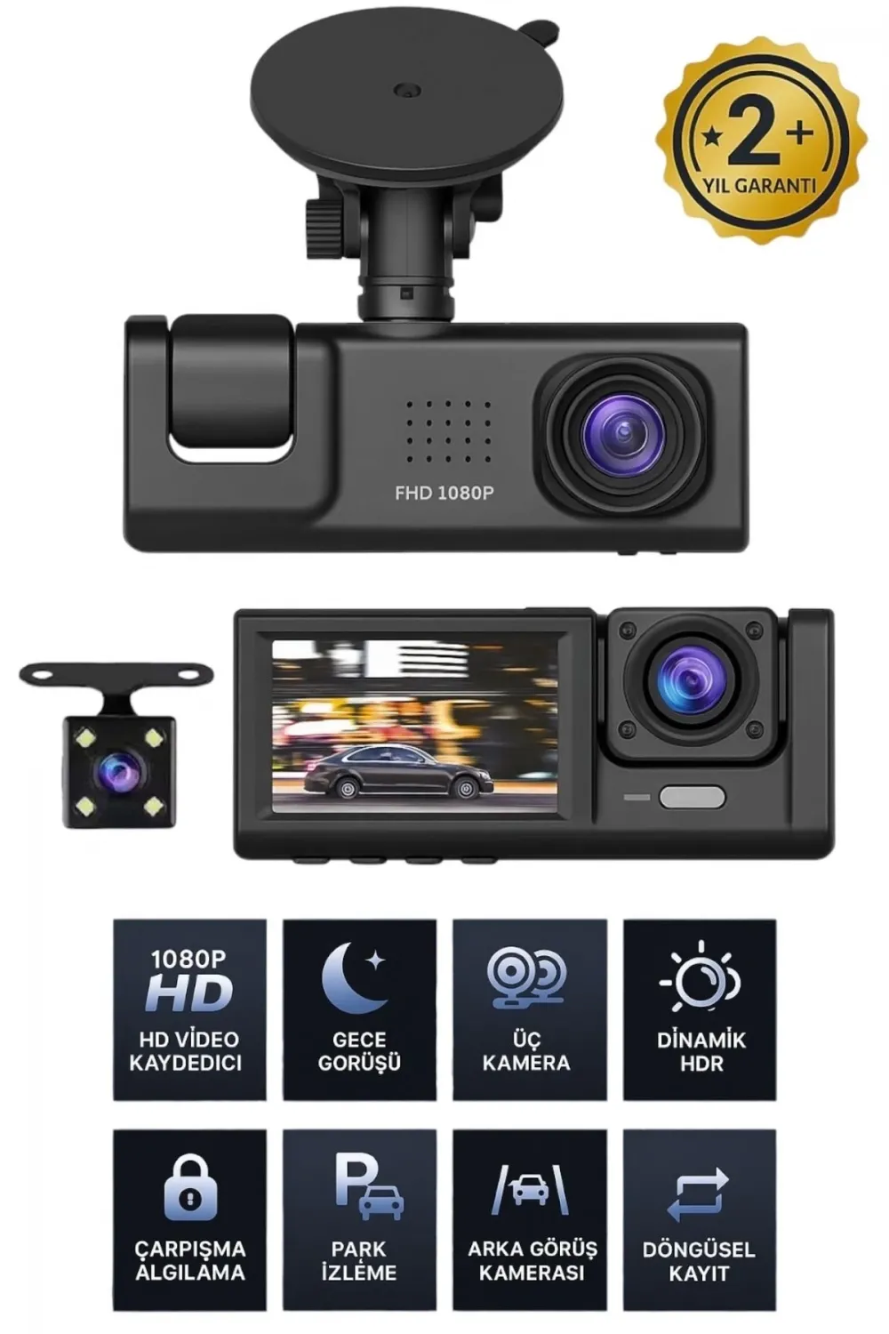1080p Wifi Full Hd Araç Içi Kamera Arka Ön Iç Kayıt 3 Kamera Gece Görüşlü Gsensör Geniş Açı