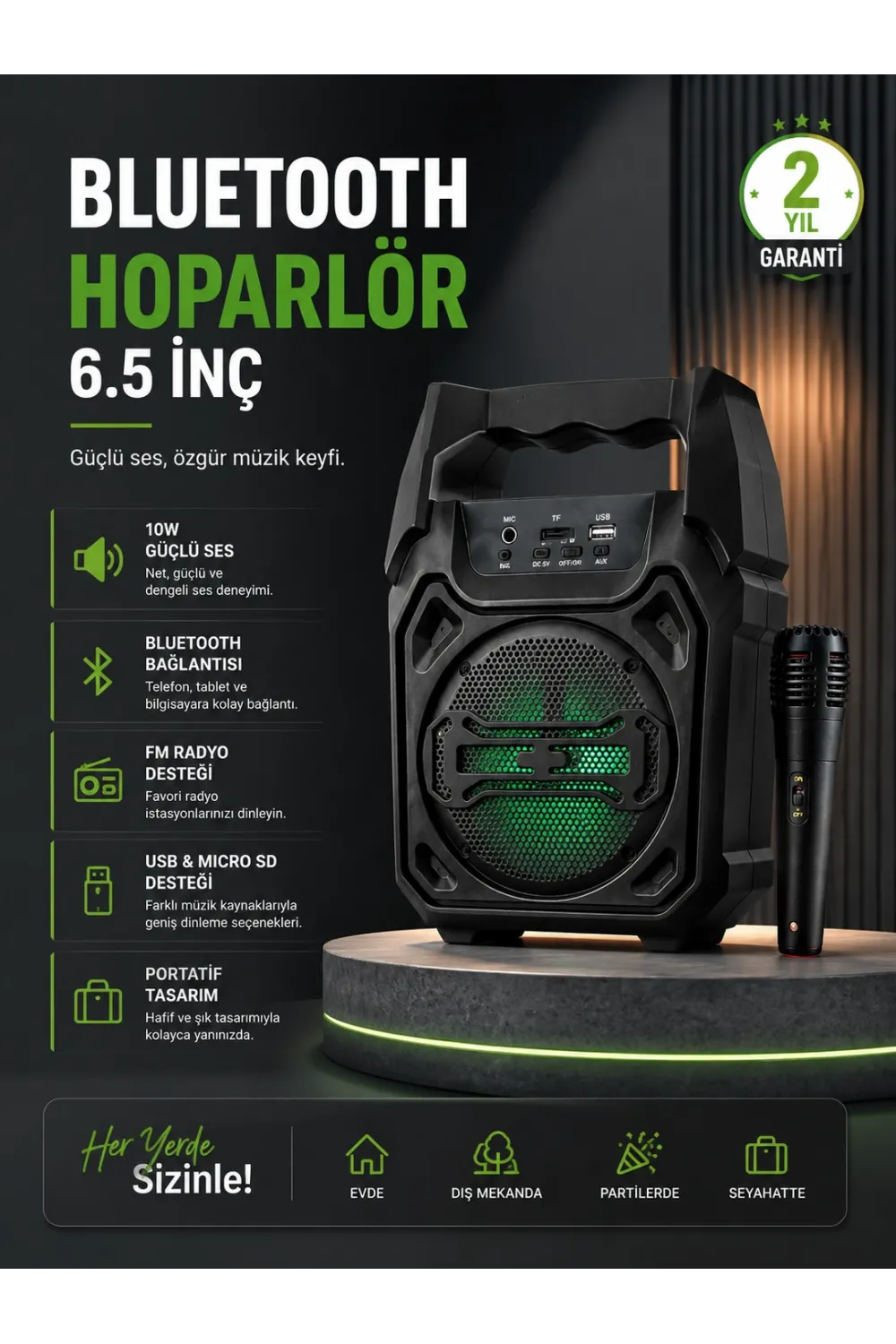 10w Güçlü Ses Performanslı Bluetooth Karaoke Hoparlörü