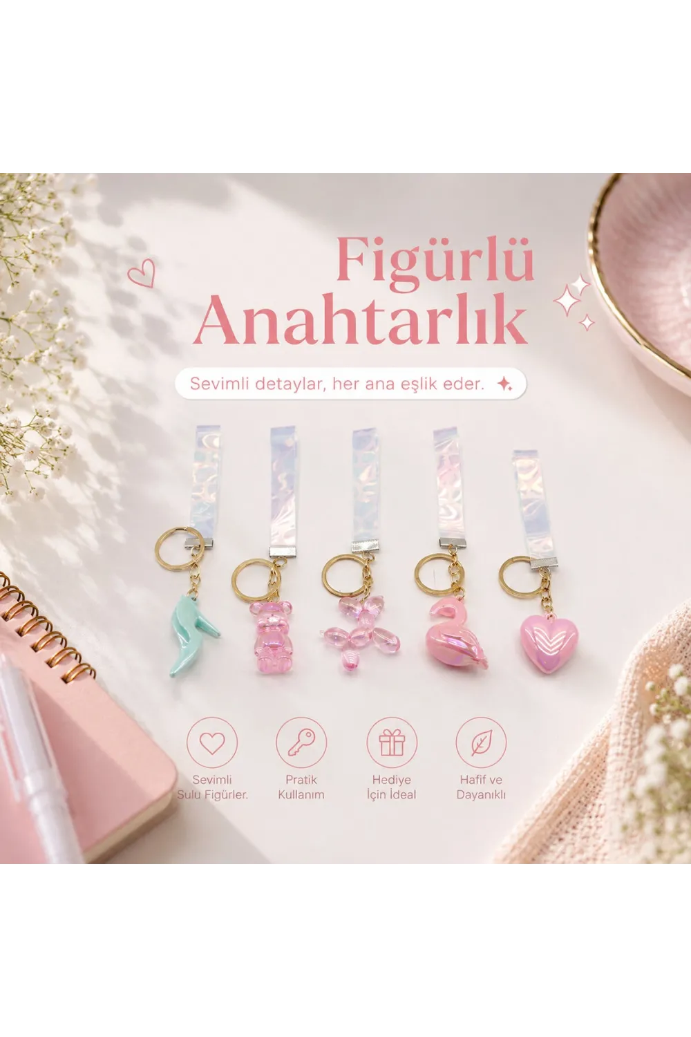 12 Adet Figürlü Anahtarlık Mix = Desen - Renk