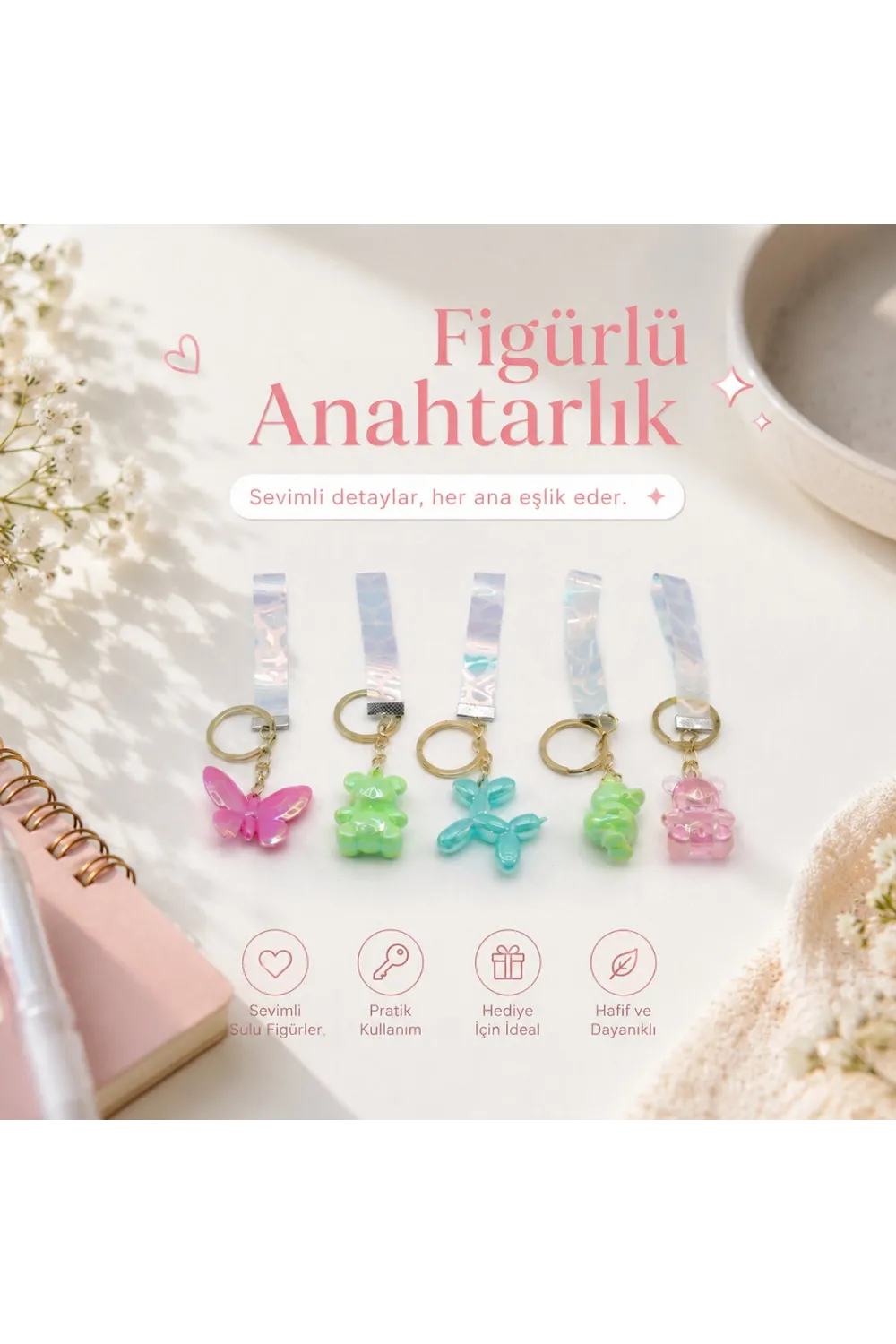 12 Adet Figürlü Anahtarlık Mix = Desen - Renk