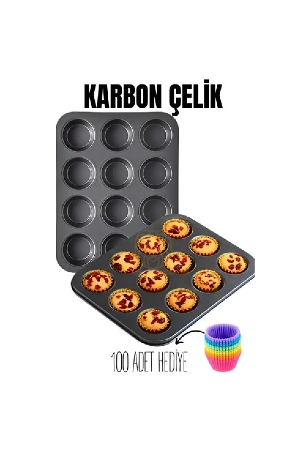 12 li Muffin Kalıbı Teflon Çelik 100 Muffin Kağıtlı 719516