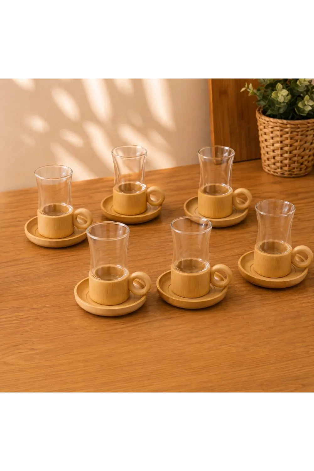 12 Parça Çay Seti - Bambu Bardak Altığı - Çift Cidarlı Cam - 150 ml
