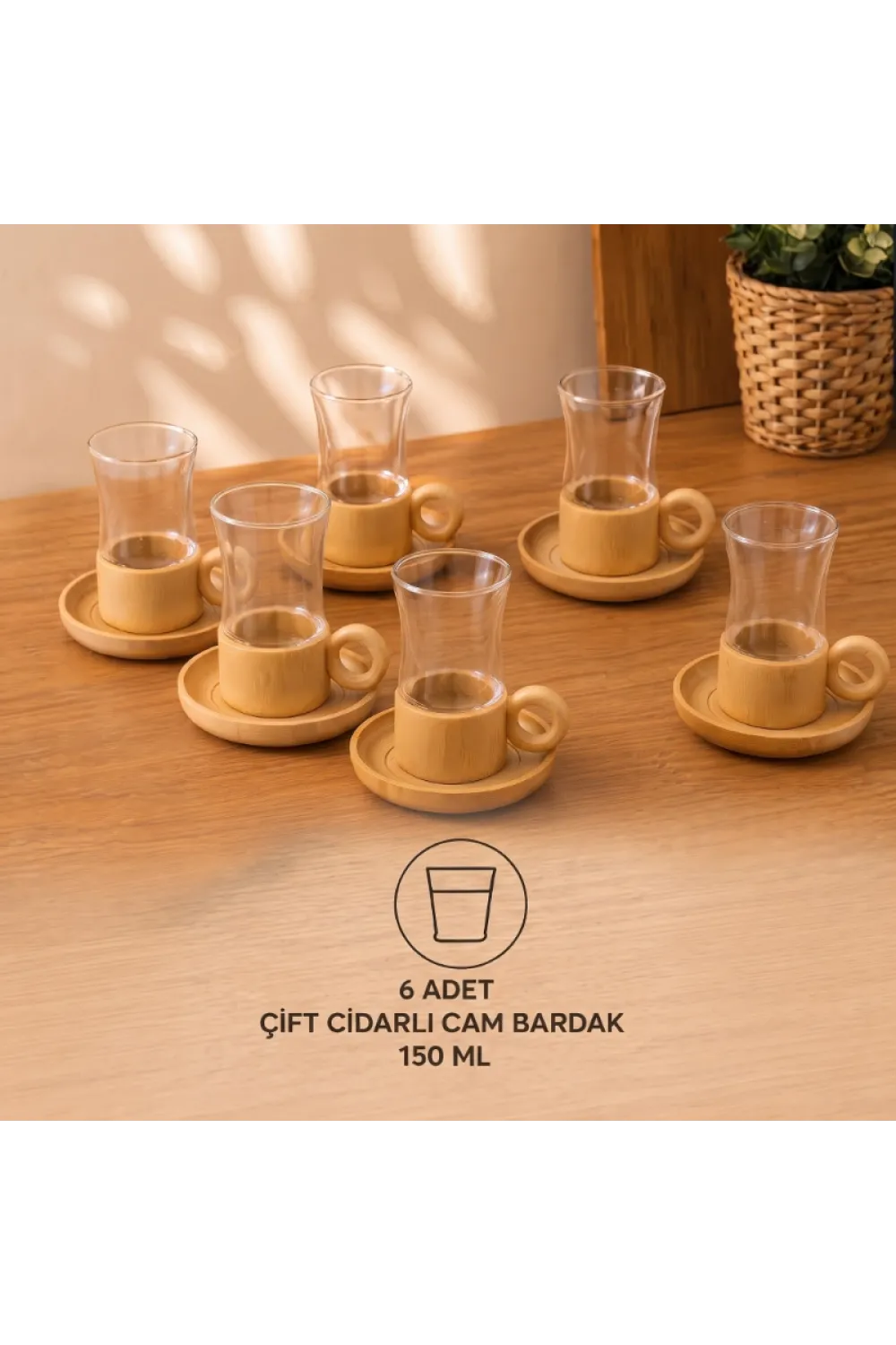 12 Parça Çay Seti - Bambu Bardak Altığı - Çift Cidarlı Cam - 150 ml