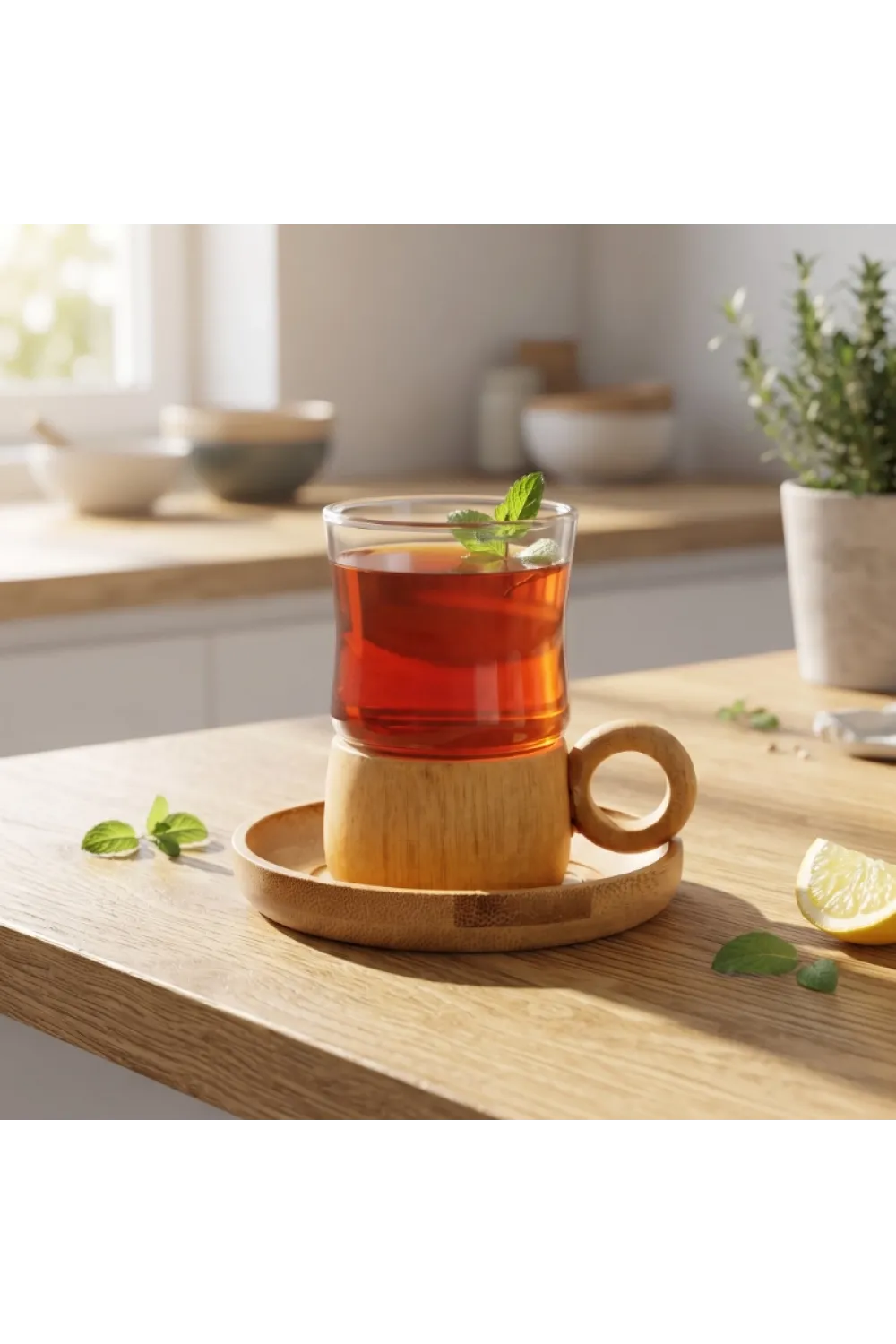 12 Parça Çay Seti - Bambu Bardak Altığı - Çift Cidarlı Cam - 150 ml