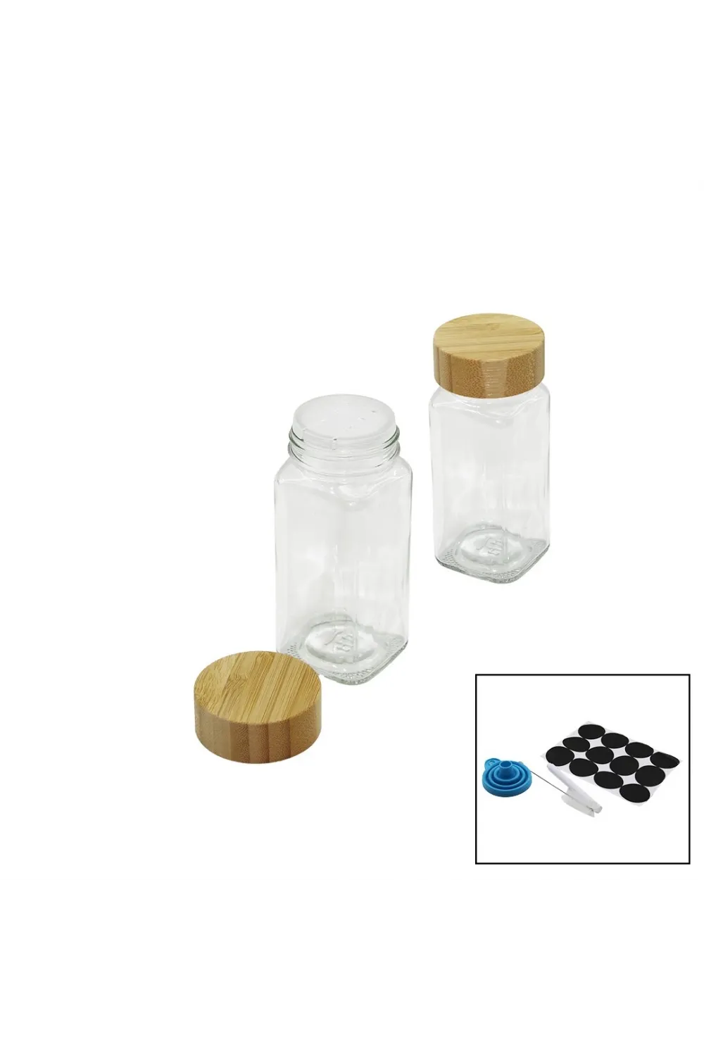 12 Pcs Takım Kare Cam Baharatlık - Tuzluk Bambu Kapaklı