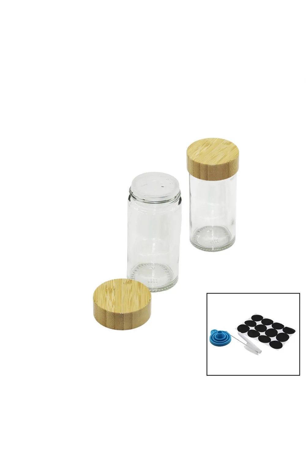 12 Pcs Takım Yuvarlak Cam Baharatlık - Tuzluk Bambu Kapaklı