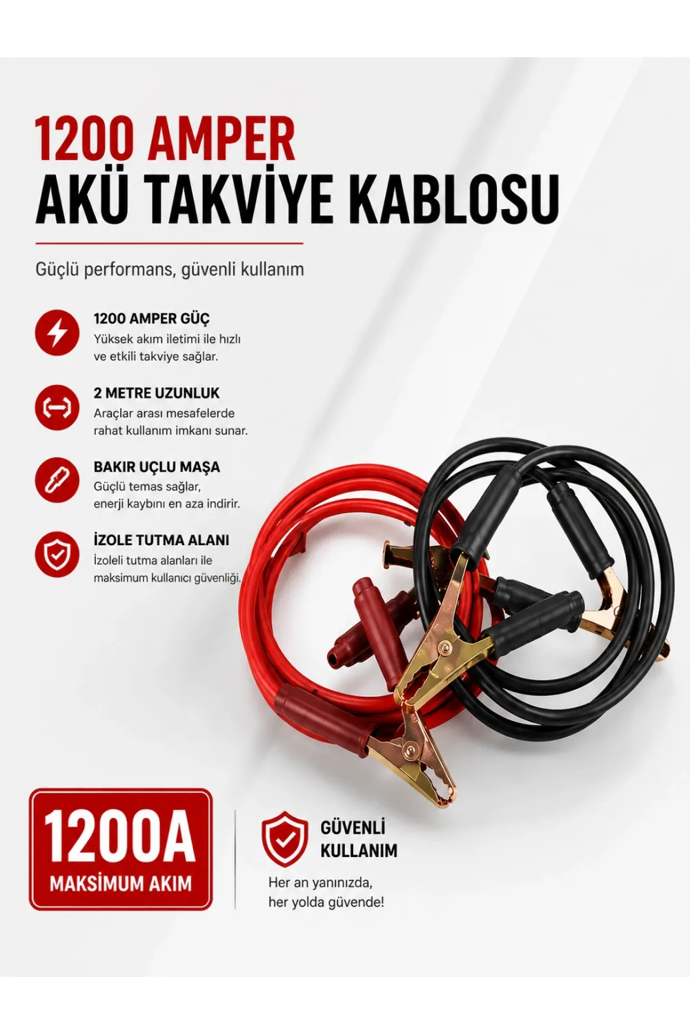 1200 Amper Akü Takviye Kablosu 2 Metre Bakır Uçlu