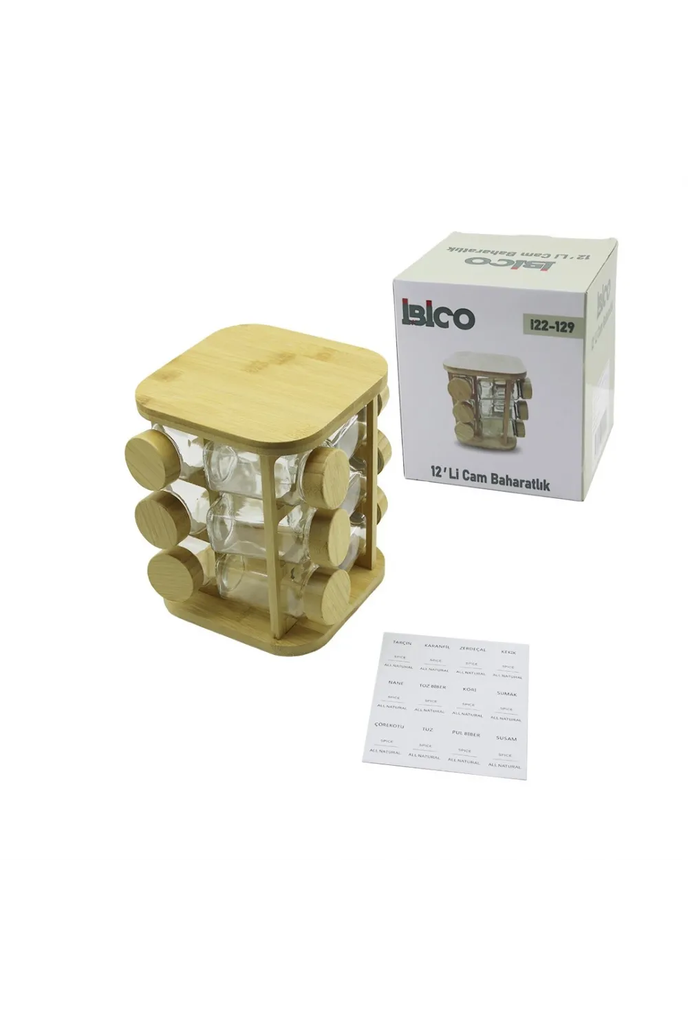 12pcs Kare Döner Standlı Cam - Bambu Kapak Tuzluk - Baharatlık Bambu Stand
