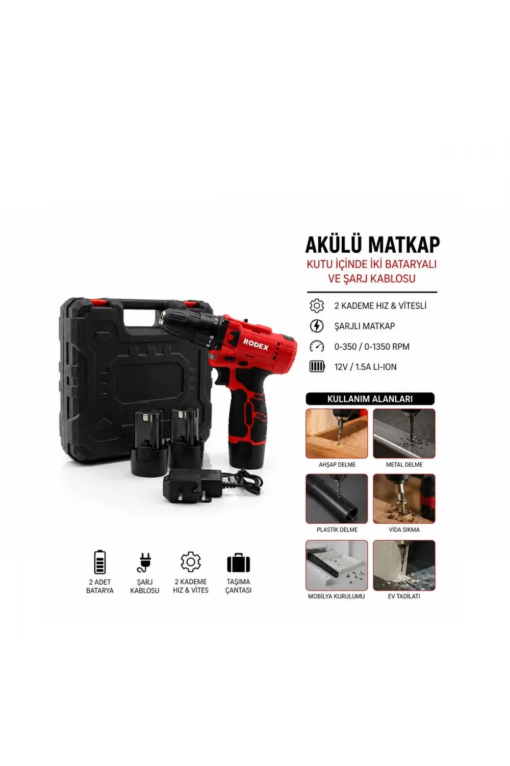 12V Çift Bataryalı Şarjlı Matkap (2 Kademe Hız)