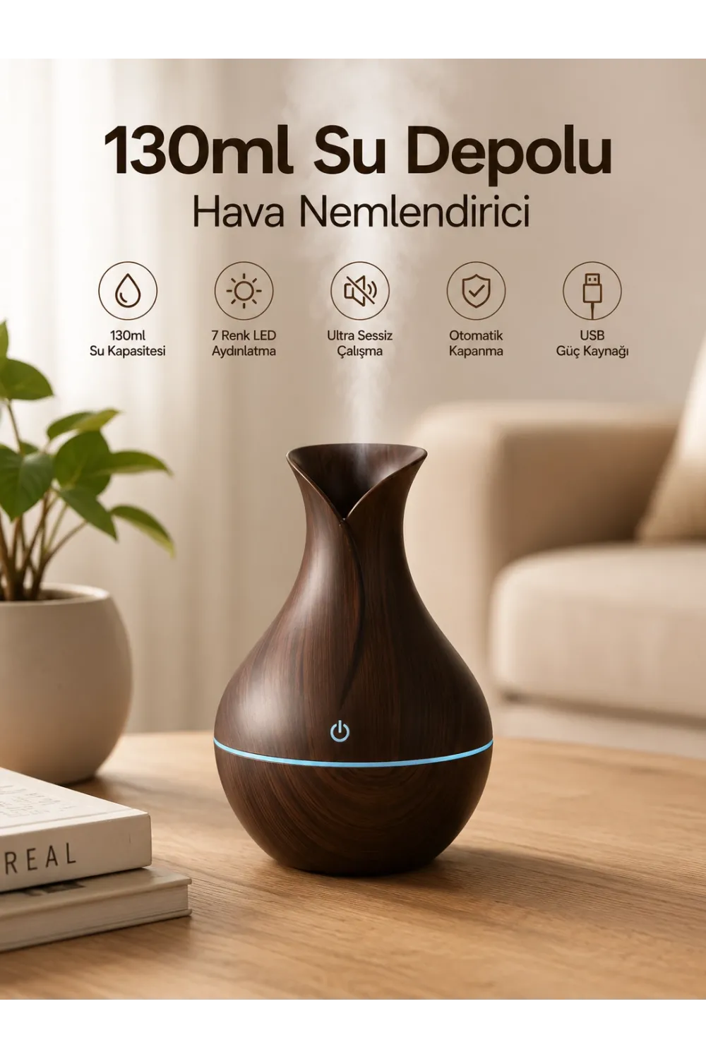 130ml Aromaterapi Difüzörü Hava Nemlendirici 7 Renk Led Işıklı